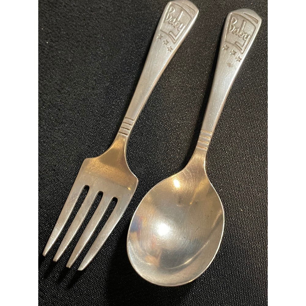 Oneida Community Tudor Plate Vintage Baby Fork and Spoon Set Silver Plated Stars